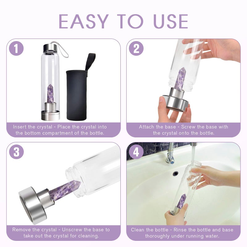 ChezMax Crystal Glass Water Bottle Energy Quartz Gemstone Water Bottle with Changeable Natural Crystal Center for Healing and Wellness - Image 5